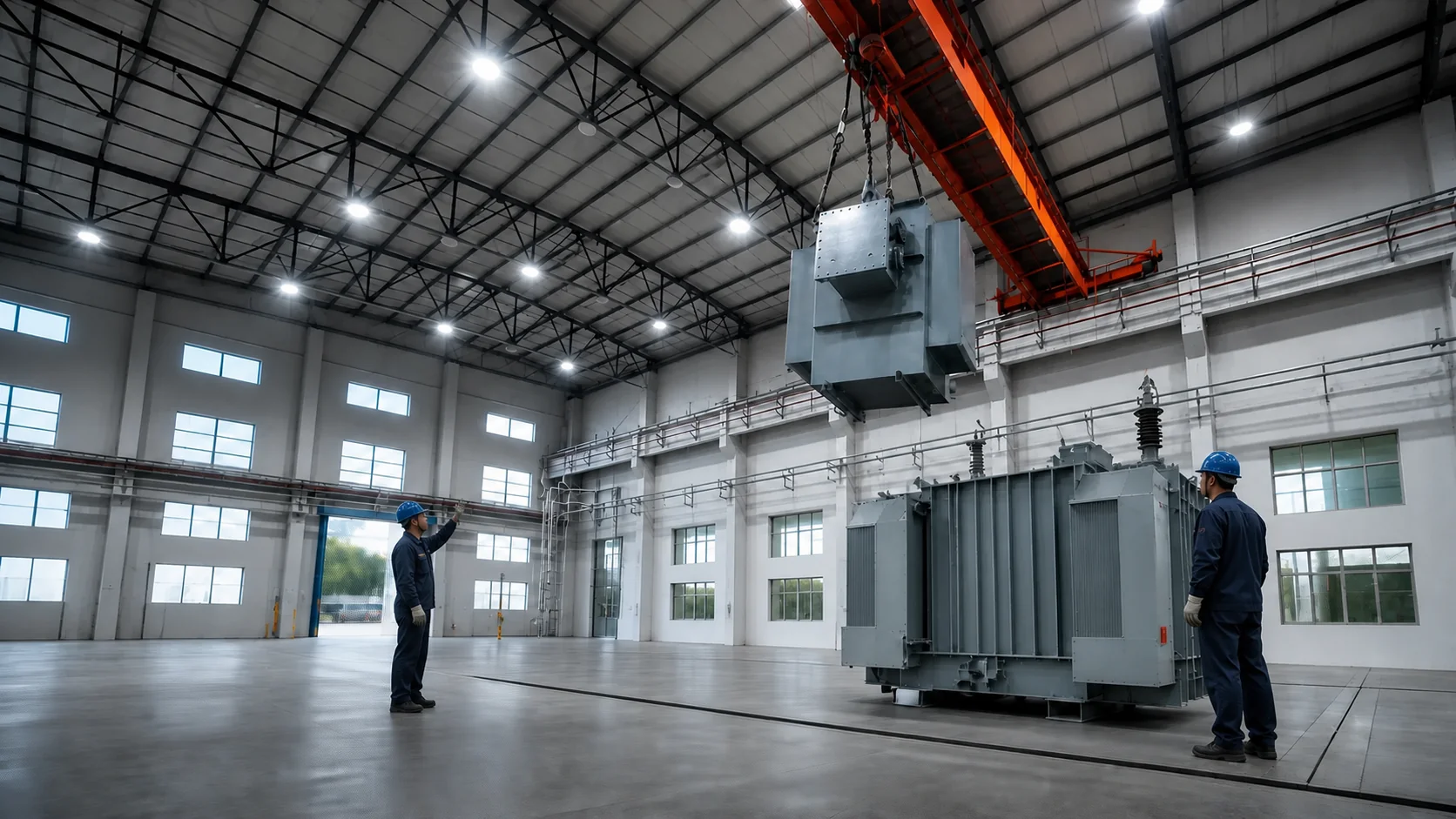 Factory rigging team supervising large transformer handling inside a clean modern Shenyang workshop